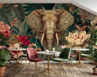 Elephant Jungle Mural, Vintage Tropical Botanical Peel Stick Wallpaper, Ornate Exotic Removable Decor