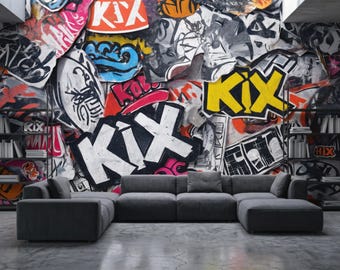 Graffiti Sticker Wallpaper, Urban Street Art Mural, Peel and Stick, Teen Room Wall Decor