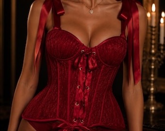 Red Lace Up Corset Top, Luxury Bustier Cami, Coquette Fashion, Romantic Date Night Outfit, French Style Party Top