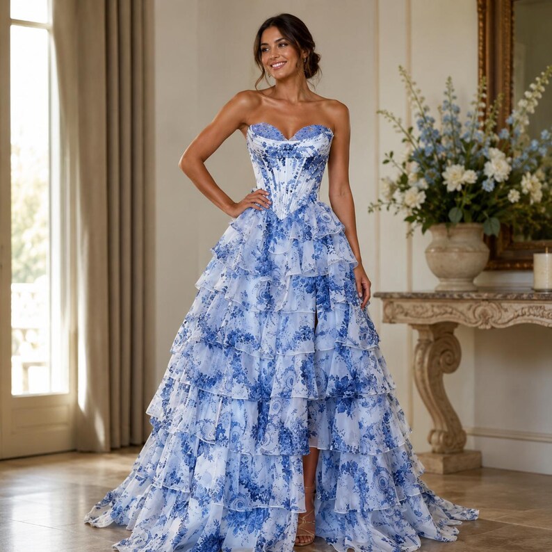 Blue Floral Prom Dress, Corset Ball Gown, Tiered Ruffle Evening Dress ...