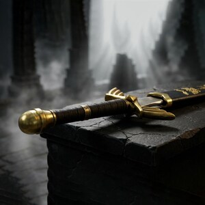 May include: A sword with a dark, wrapped handle and a rounded gold pommel. The crossguard features gold, wing-shaped accents. The blade is partially encased in a black scabbard with gold detailing, resting horizontally on a dark, textured stone surface.