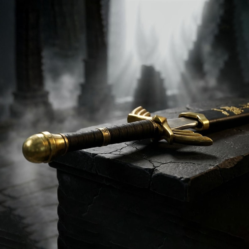 May include: A sword with a dark, wrapped handle and a rounded gold pommel. The crossguard features gold, wing-shaped accents. The blade is partially encased in a black scabbard with gold detailing, resting horizontally on a dark, textured stone surface.