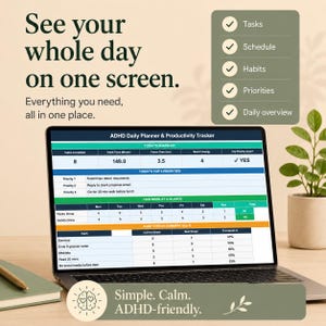 May include: A laptop screen displaying an ADHD Daily Planner & Productivity Tracker with sections for Today's Snapshot, Top 3 Priorities, This Week at a Glance, and Habit Streak Summary. The interface includes tables for tracking tasks, habits, and focus time.
