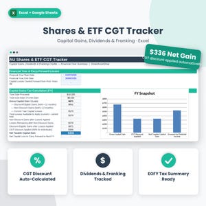 Capital Gains Tax Calculator Excel | Shares & ETF CGT Tracker | Australian Investor Spreadsheet | Dividend Franking Log