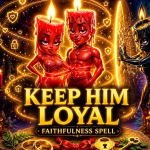 May include: A digital illustration featuring two red candle figures and one black candle figure with flames, surrounded by glowing symbols. The text reads KEEP HIM LOYAL FAITHFULNESS SPELL. Below are two gold rings, a red ribbon, a heart lock, and a key.