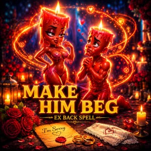 May include: Two red candle figures with glowing flames, one standing and one kneeling, surrounded by golden light swirls. Below, red roses, a parchment note with the text 'I'm Sorry' and a heart, two gold rings, and a lace cloth with a heart design.
