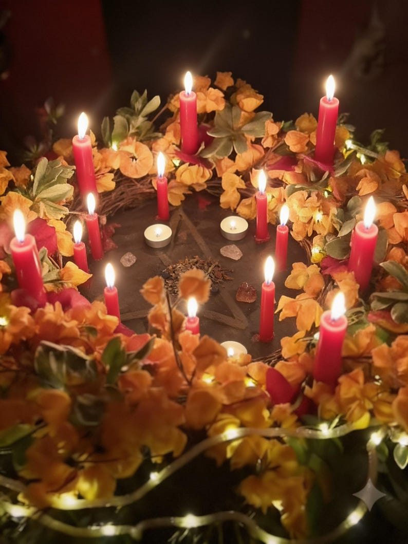 May include: A circular wreath decorated with orange and yellow flowers, green leaves, and small white string lights. Multiple red taper candles and small white tea light candles are arranged around a central dark surface with a pentagram symbol.