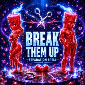 May include: A digital illustration featuring two red wax figures resembling candles, one on each side, with a pair of silver scissors cutting a red string between them. The text reads BREAK THEM UP SEPARATION SPELL above a broken red heart.