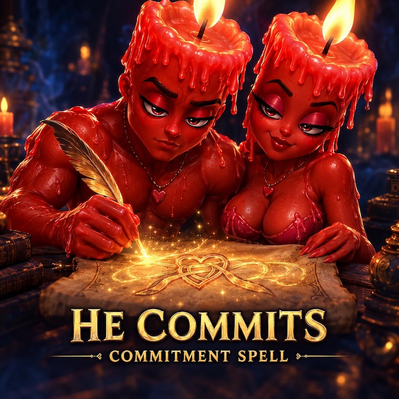 May include: Two red wax candle figures with flames on their heads, one writing with a gold quill on parchment featuring a glowing heart symbol. The text reads HE COMMITS COMMITMENT SPELL. The figures wear heart necklaces and have dripping wax textures.