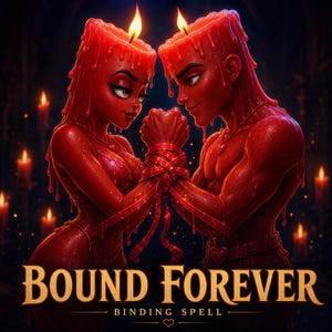 May include: Two figures made of red wax with melting textures and lit flames on their heads, holding hands with wrists bound by a red ribbon. They wear heart-shaped pendants. The text at the bottom reads BOUND FOREVER BINDING SPELL with a small heart.
