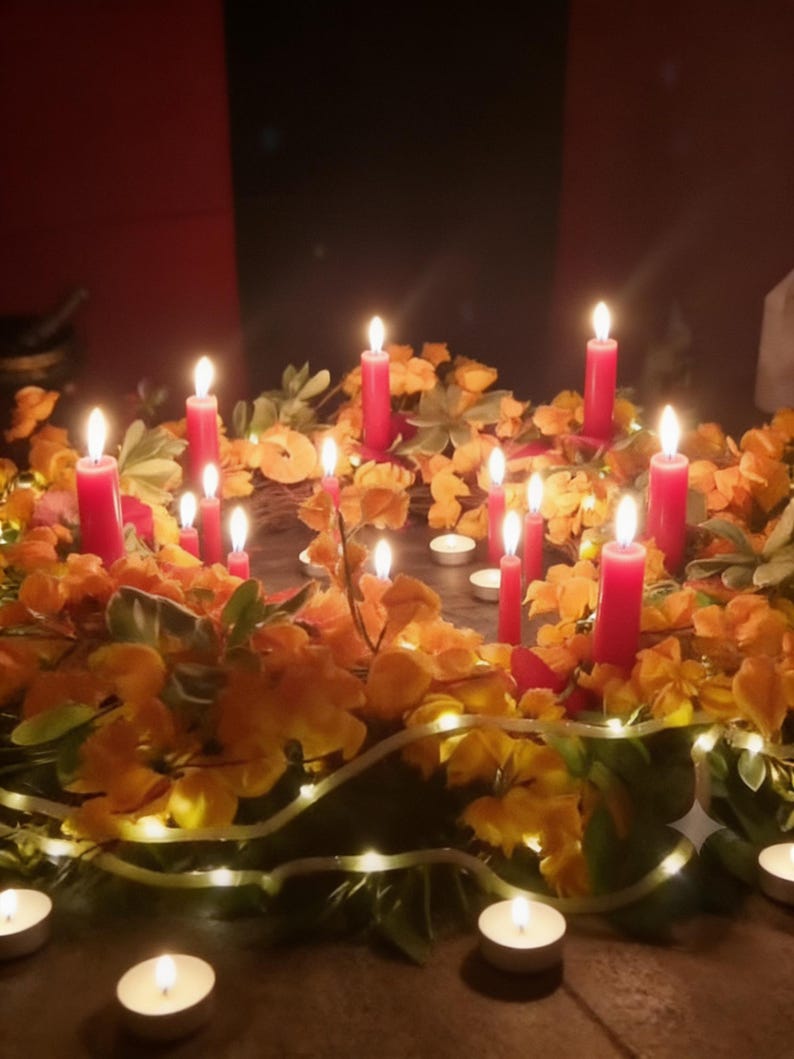 May include: A circular wreath adorned with vibrant orange and yellow flowers, interspersed with multiple tall red pillar candles and smaller white tea light candles. A string of warm white fairy lights is woven throughout the foliage.