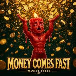 Puede incluir: Una vela de cera roja con forma de figura musculosa con una llama en la cabeza, rodeada de monedas de oro que caen. El texto "MONEY COMES FAST" y "MONEY SPELL" está impreso en letras doradas en la parte inferior sobre un fondo oscuro.