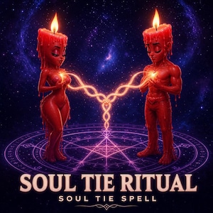 Può includere: Due figure di cera rossa a forma umana con fiamme sulla testa si trovano su un sigillo circolare viola brillante. Una luce dorata collega i loro petti. Il testo SOUL TIE RITUAL SOUL TIE SPELL è stampato in bianco nella parte inferiore.