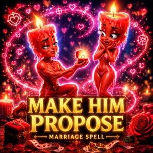 Puede incluir: Dos figuras de cera roja con forma de personas, una arrodillada ofreciendo una pequeña caja abierta con un anillo dentro. El texto dice MAKE HIM PROPOSE MARRIAGE SPELL. La escena está rodeada de corazones rosas brillantes, rosas rojas y velas.