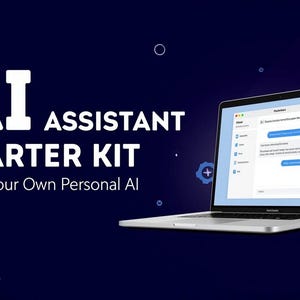 May include: A dark blue graphic with the text "AI ASSISTANT STARTER KIT" and "Build Your Own Personal AI". A silver laptop displays a chat interface. The logo of "7 PIU" is in the bottom left corner.