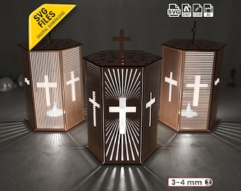 Portavelas con cruz cristiana SVG / Archivo de corte láser para centro de mesa religioso / Farol de crucifijo de madera para Glowforge / Decoración de Pascua y Navidad