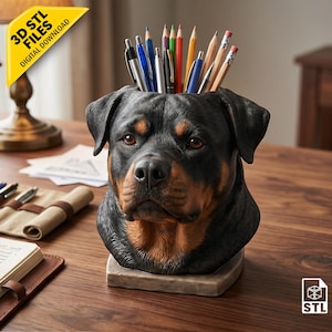 May include: A Rottweiler dog head shaped pencil holder with black and tan fur, featuring a flat base and an open top for storing pens and pencils. The item is labeled with 3D STL FILES DIGITAL DOWNLOAD and an STL icon.