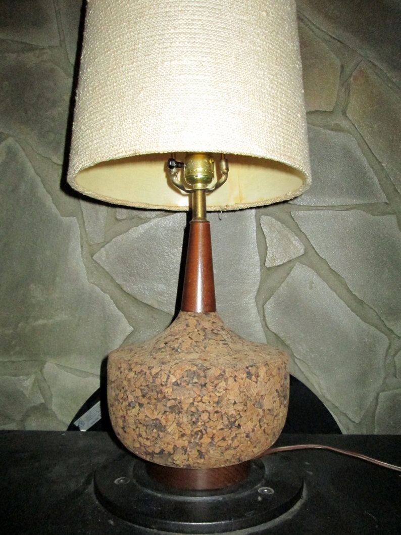 Retro Cork Lamp With Lampshade Vintage All Original 1960 1950 Tans Natural Color Eco Friendly Creme Shade