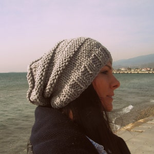 Handmade Grey Knit Slouchy Beanie, Unisex Winter Hat