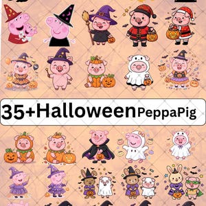 Puede incluir: Una colección de pegatinas digitales con personajes de Peppa Pig en varios disfraces de Halloween, incluyendo brujas, fantasmas y vampiros, con calabazas y murciélagos. Se muestra el texto HALLOWEEN y 35+HalloweenPeppaPig.