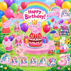 May include: A vibrant birthday-themed illustration featuring Peppa Pig characters, colourful balloons, a tiered cake with candles, and unicorns. The central text reads Happy Birthday in pink letters against a backdrop of a rainbow and green hills.