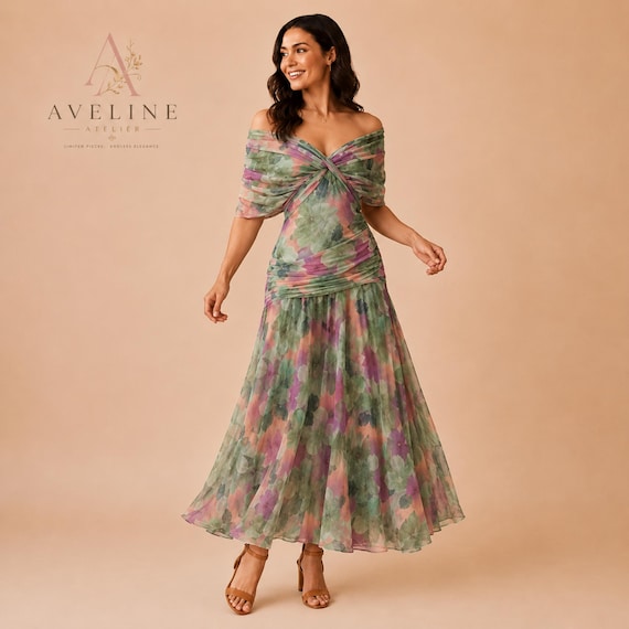 Watercolour Floral Off Shoulder Maxi Dress Wedding Guest Dress Chiffon Evening Dress Romantic Floral Formal Dress | European Summer Outfit