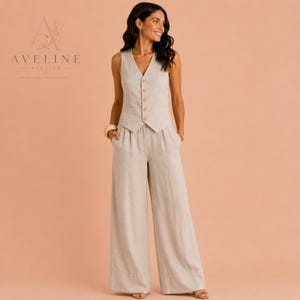 Elegante Leinenmischung Weste und Hose mit weitem Bein Set | Minimalistisches Zweiteiler Outfit