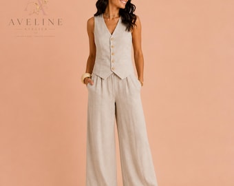 Elegant Linen Blend Vest and Wide Leg Pants Set | Minimalist Two Piece Outfit