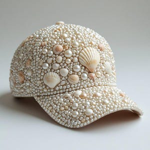 Handmade Pearl Seashell Baseball Cap, Coastal Beach Bridal Hat
