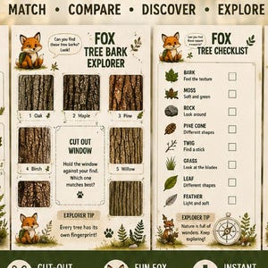 Montessori Nature Study Cards, Tree Bark & Leaf Identification Printable, Outdoor Scavenger Hunt for Kids