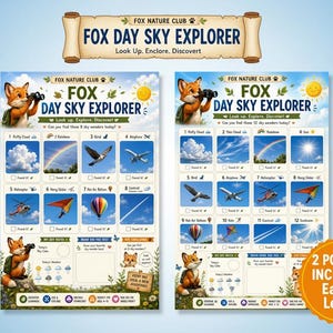Puede incluir: Dos pósteres de actividades Fox Nature Club Fox Day Sky Explorer con ilustraciones de un zorro con binoculares, listas de verificación del cielo e iconos meteorológicos. Incluye un telescopio de latón, una lupa y binoculares negros.