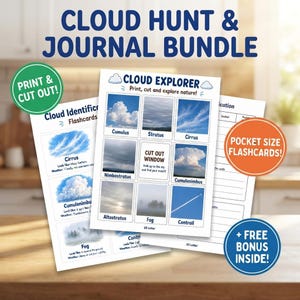 May include: A Cloud Hunt & Journal Bundle featuring printable educational sheets. The pages include a Cloud Explorer guide with a cut-out window, cloud identification flashcards, and observation logs with text labels for various cloud types.