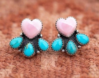 Kingman Mohave Turquoise Pink Opal Cluster Stud Earrings, Sterling Silver Southwestern Boho Jewelry Beautiful Stud