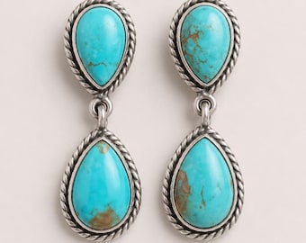 Natural Kingsman Mohave Turquoise 925 Sterling Silver Earrings, Handmade Boho Style Earrings