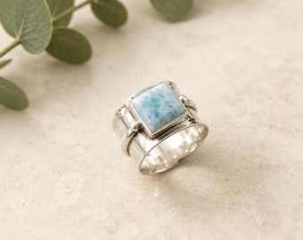 Larimar Ring Sterling Silver Wide Band, Square Gemstone Southwestern Jewelry Ring