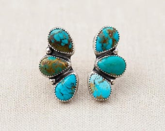 Turquoise Dangle Stud Earrings, Sterling Silver Southwestern Earrings, Handmade Boho Turquoise Jewelry