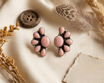 Pink Opal Flower Stud Earrings Sterling Silver, Handmade Floral Earrings, Feminine Boho Jewelry Gift for Her