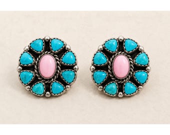 Natural Kingman Mohave Turquoise & Pink Opal Cluster Studs, Genuine Turquoise Studs Earrings, 925 Sterling Silver Earrings Handmade Jewelry