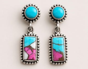 Handmade Sterling Silver Cotton Candy Turquoise Dangles Earrings Gift For Her
