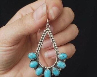 Turquoise Handmade Sterling Silver Turquoise Teardrop Earrings - Southwestern Style Boho Cluster Dangle Earrings  Western Jewelry
