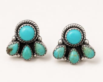 Handmade Sterling Silver Turquoise Round & Pear Earrings - Southwestern Style Boho Cluster Dangle Earrings - Western Jewelry Gift for Her