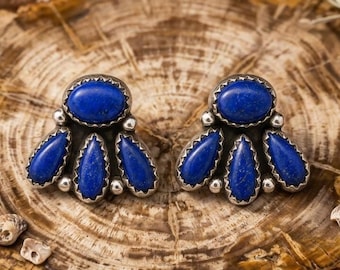 Natural Lapis Lazuli Sterling Silver Stud Earrings | Boho Celestial Gemstone Jewelry