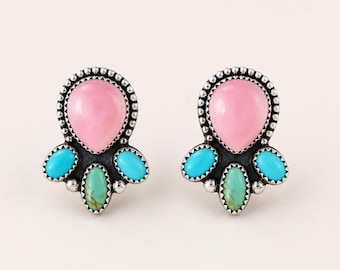 Kingman Mohave Turquoise & Pink Opal Cluster Studs, Genuine Turquoise Studs Earrings, 925 Sterling Silver Earrings Handmade Jewelry