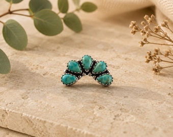 Turquoise Cluster Ring Sterling Silver Boho Statement Ring Handmade Southwestern Jewelry Gift for Her, Vintage Style