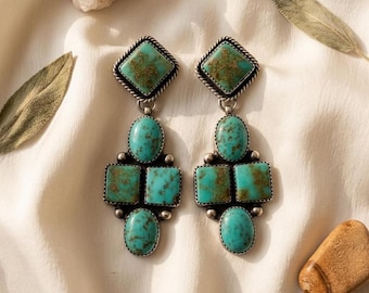 Turquoise Statement Dangle Earrings Sterling Silver, Southwestern Boho Earrings, Handmade Western Jewelry