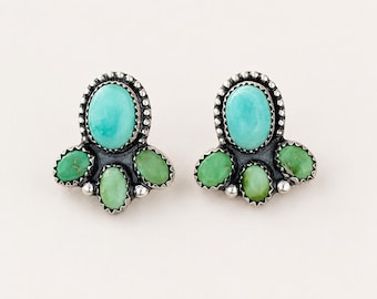 Kingman Mohave Turquoise Cluster Studs, Genuine Turquoise Studs Earrings, 925 Sterling Silver Earrings, Handmade Southwestern Jewelry women