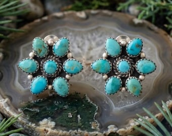 Kingman Turquoise 925 Sterling Silver Post Dangle Earrings, Handmade earrings Southwestern Jewelry