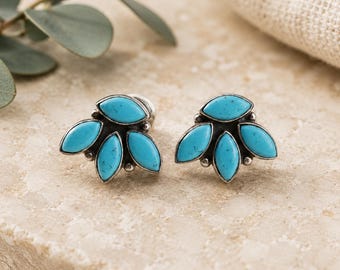Turquoise Fan Stud Earrings, Sterling Silver Southwestern Earrings, Handmade Boho Turquoise Jewelry