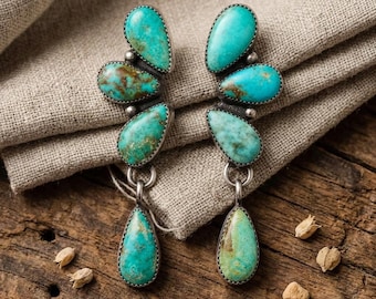 Turquoise Dangle Earrings Handmade Sterling Silver Drop Earrings, Southwestern Boho Jewelry, Western Statement Gift for Her