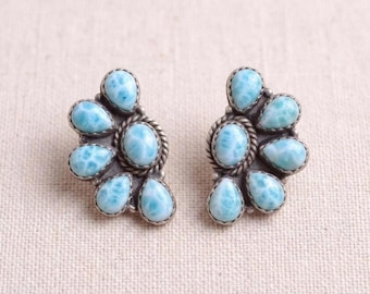 Larimar Stud Earrings, 925 Sterling Silver Earrings, Dominican Larimar Jewelry, Blue Gemstone Studs, Boho Earrings